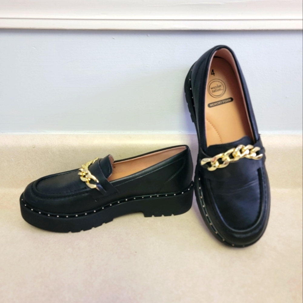 Black Leather loafers Gold Chain Detail Slip-On Size 4 Chunky Platform shoes